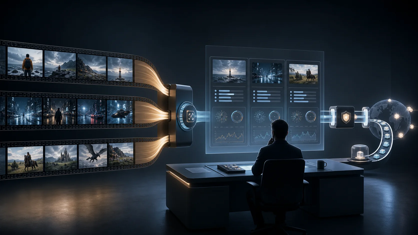 A team reviewing repeated AI video takes through an evidence dashboard before a gated production rollout